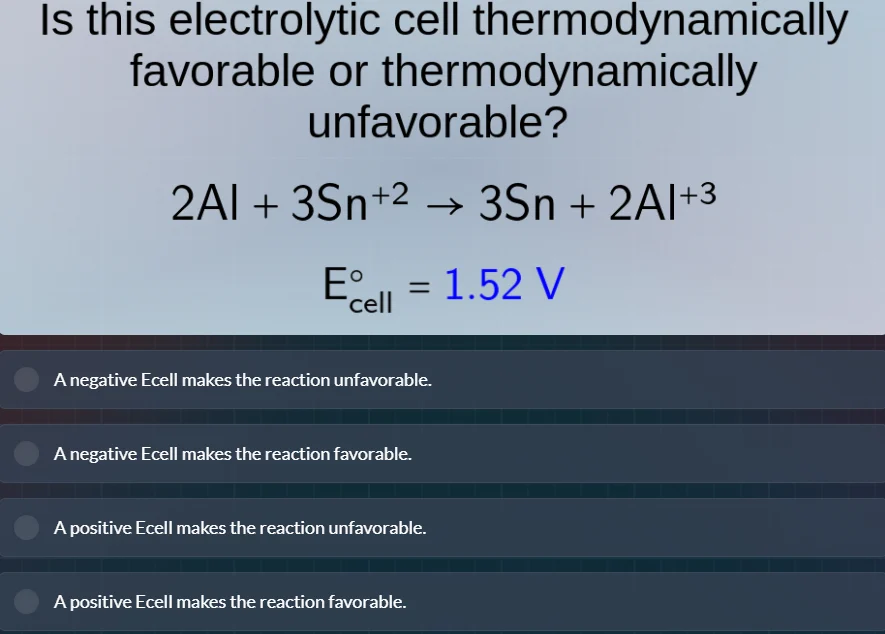 is this electrolytic cell thermodynamically favorable or thermodynamica…