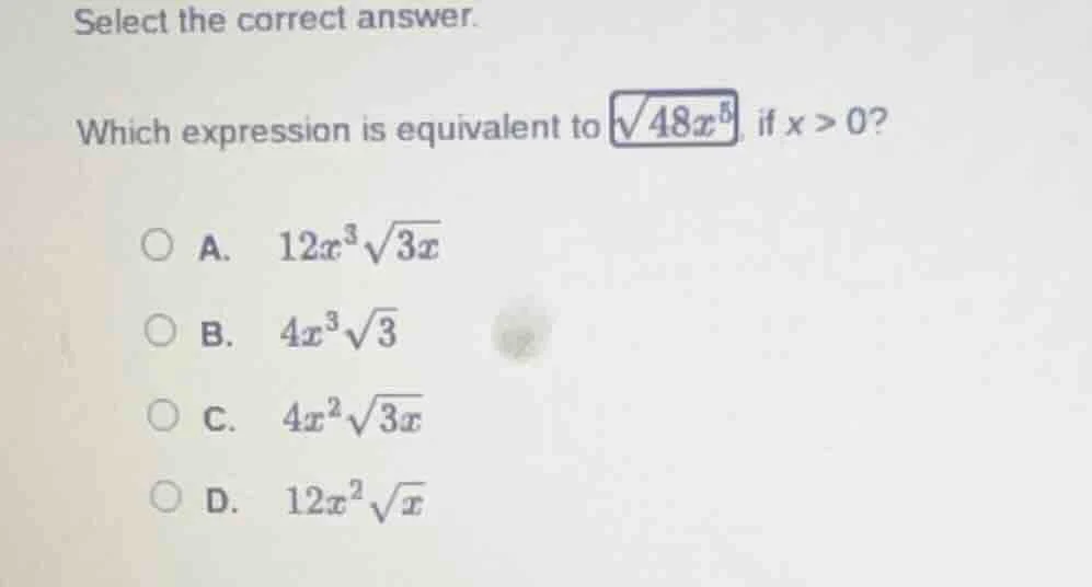 select the correct answer. which expression is equivalent to \\(sqrt{48…