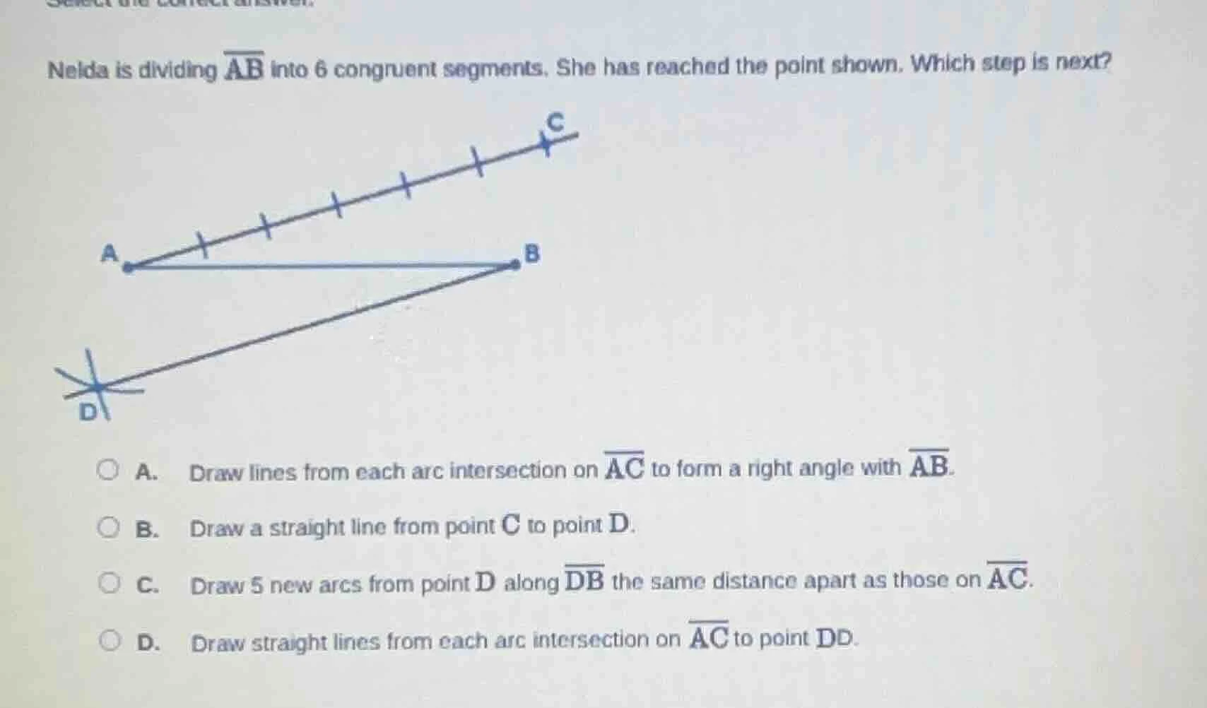 nelda is dividing \\(\\overline{ab}\\) into 6 congruent segments. she h…