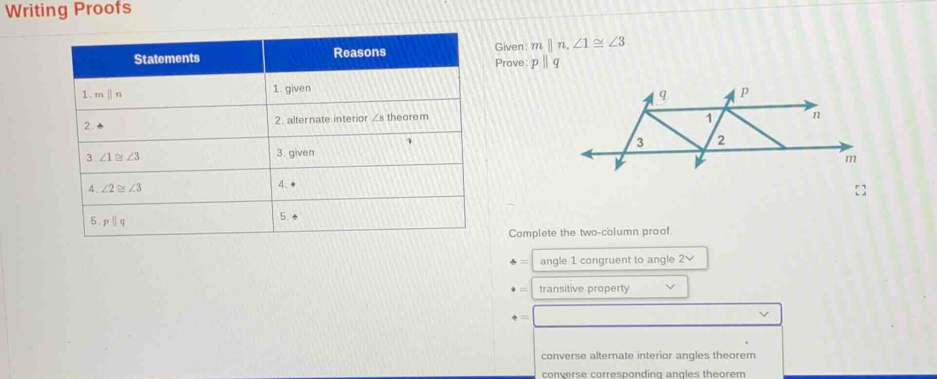 writing proofs given: ( m parallel n ), ( angle 1 cong angle 3 ) prove:…