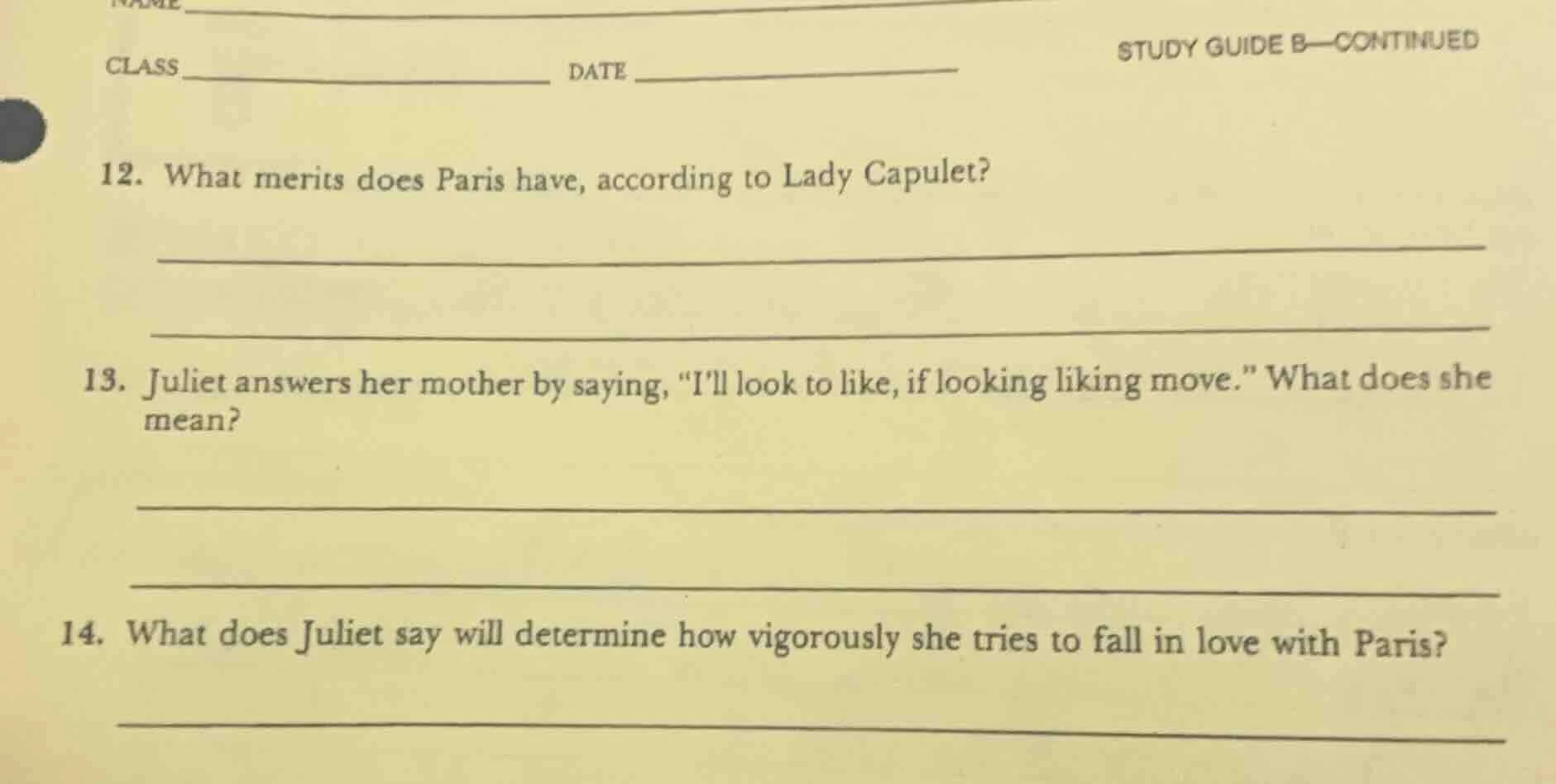 12. what merits does paris have, according to lady capulet? 13. juliet …