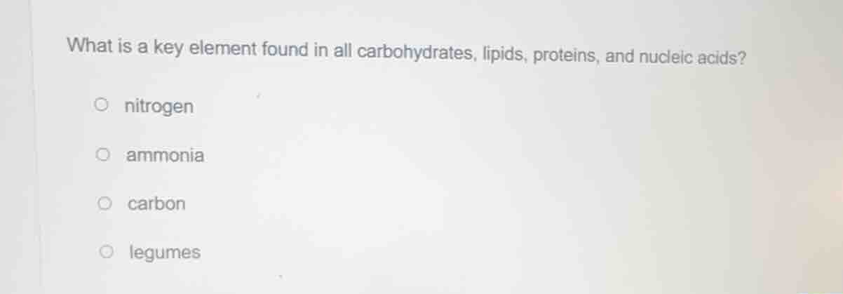 what is a key element found in all carbohydrates, lipids, proteins, and…