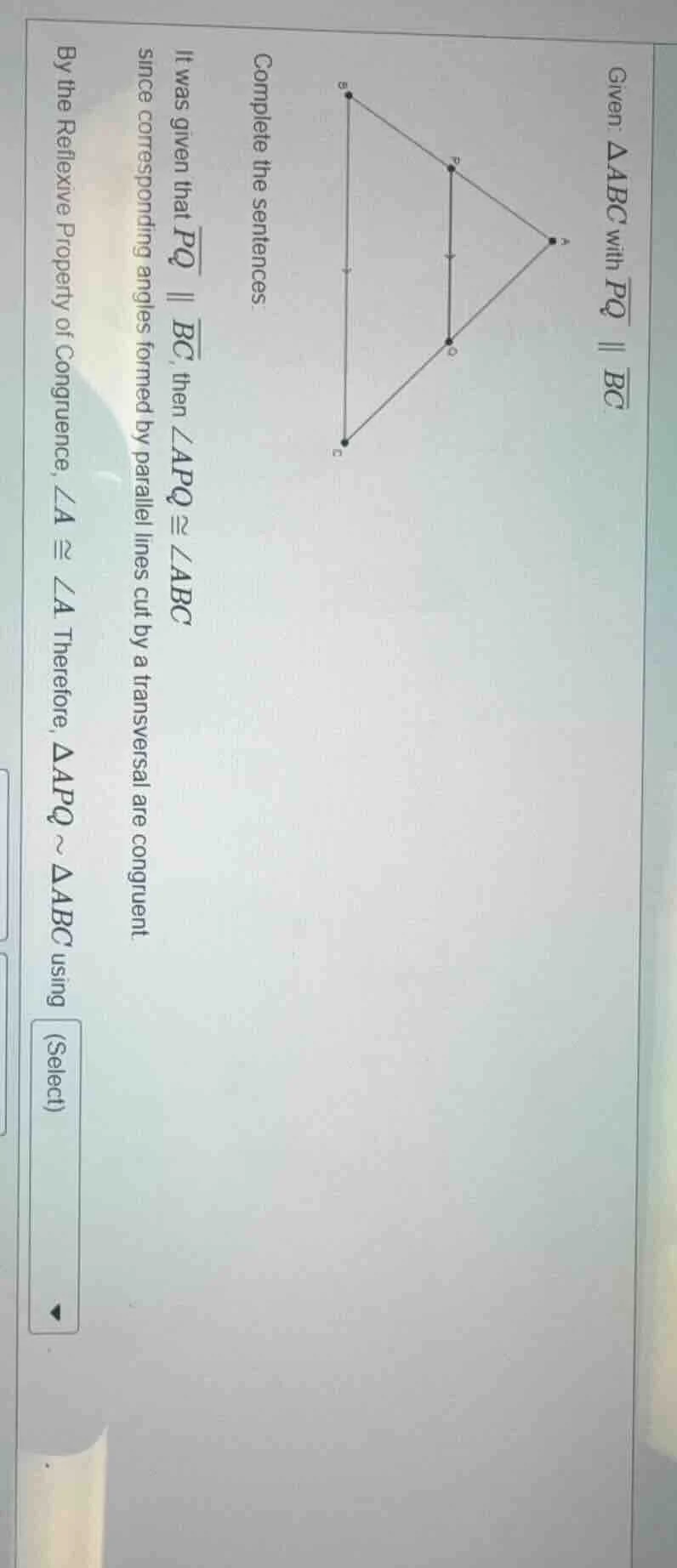 given: $\\triangle abc$ with $\\overline{pq} \\parallel \\overline{bc}$…