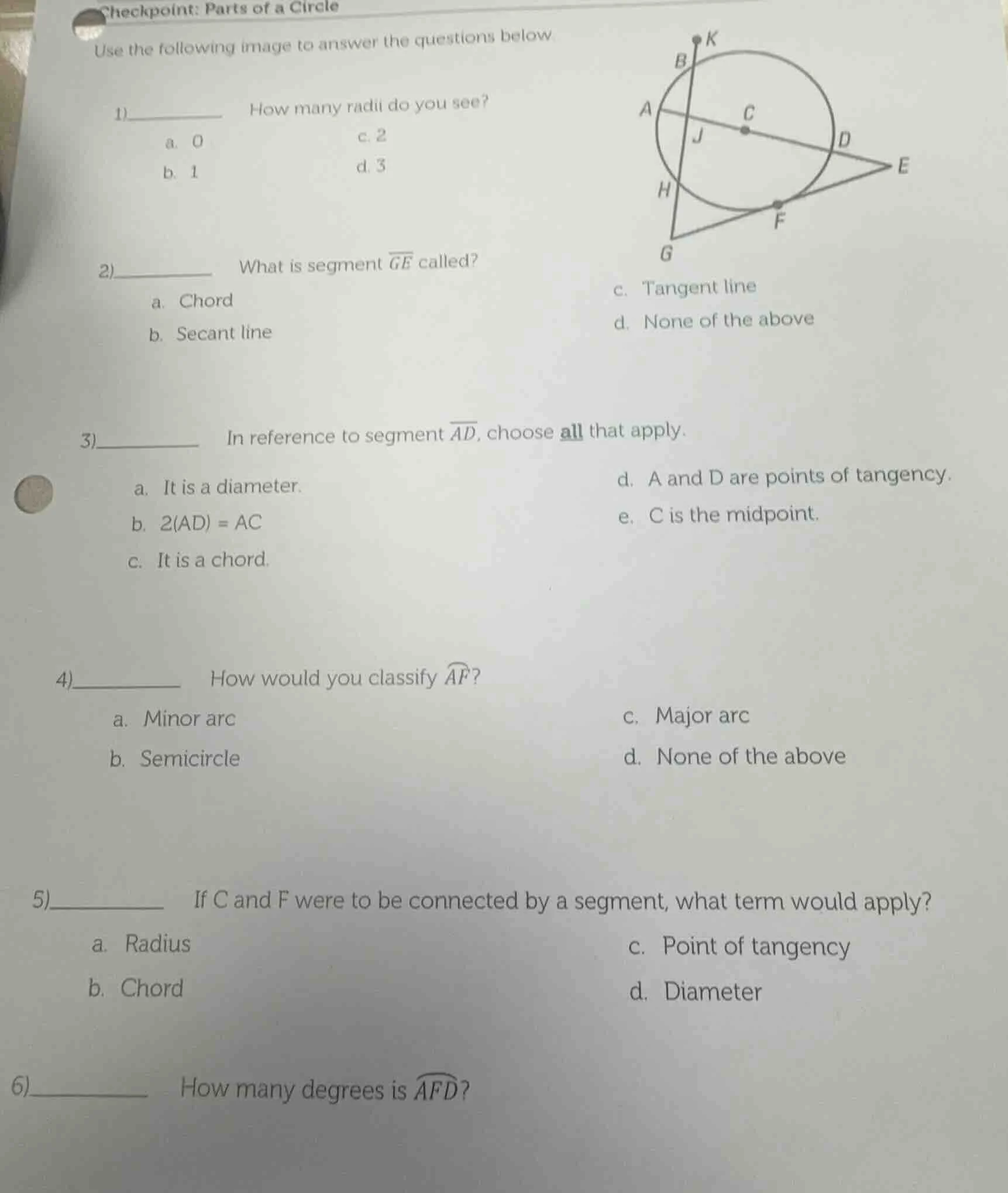 checkpoint: parts of a circle use the following image to answer the que…