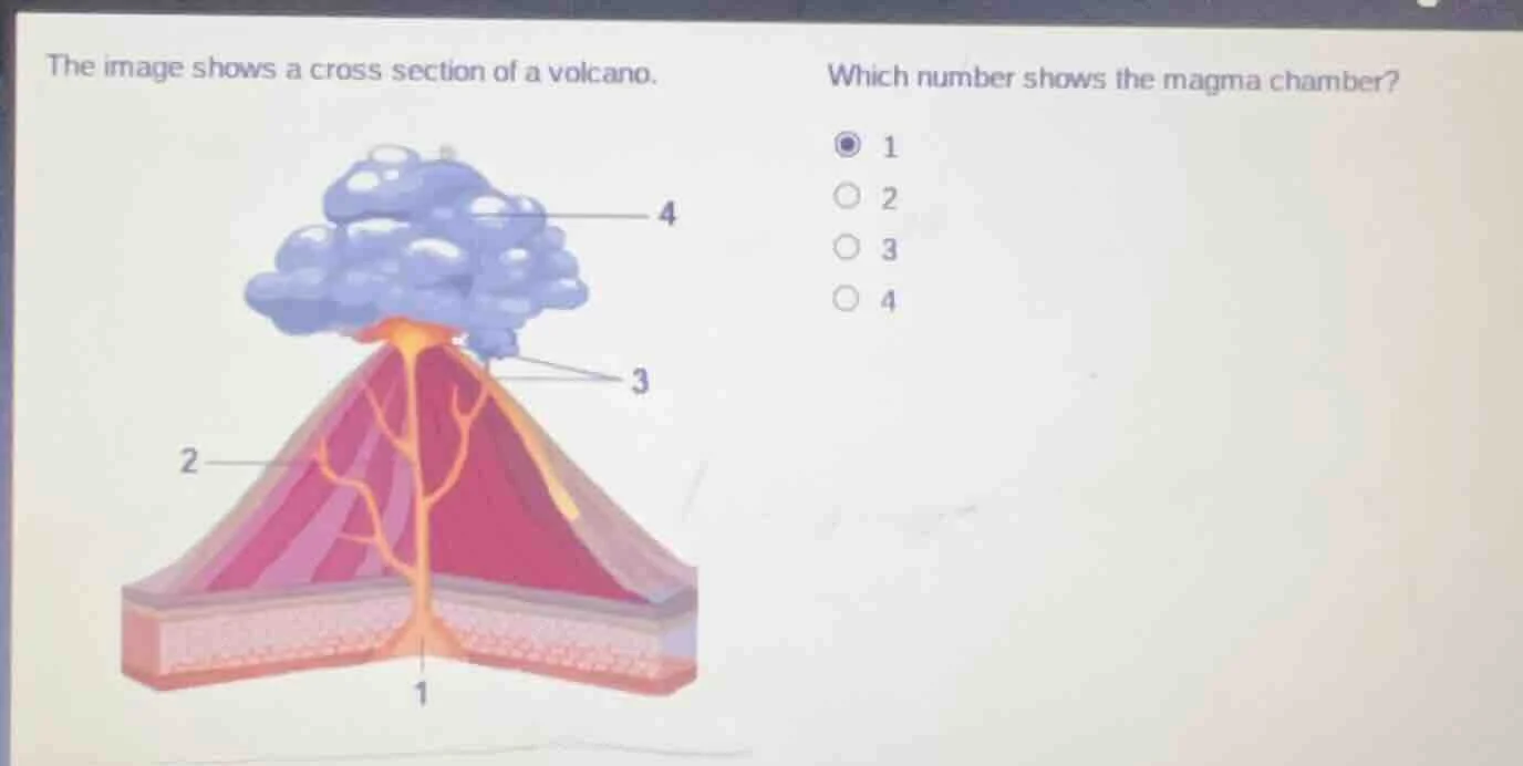the image shows a cross section of a volcano. which number shows the ma…