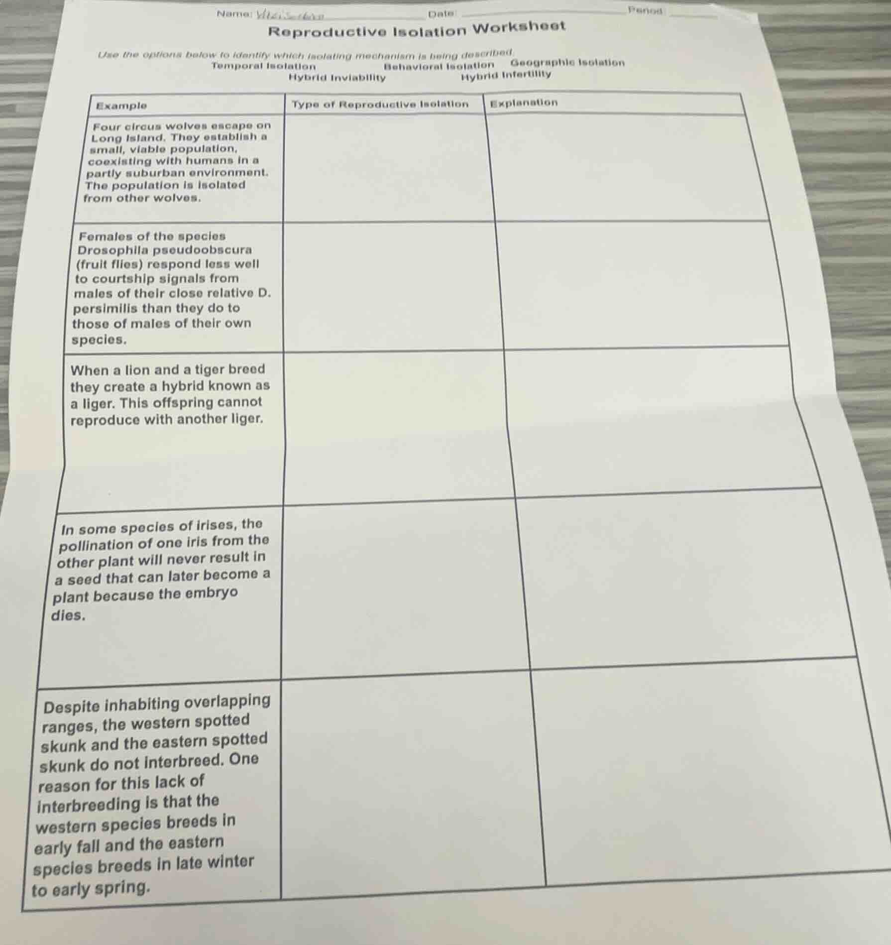 reproductive isolation worksheet use the options below to identify whic…