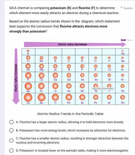 q-4 a chemist is comparing potassium (k) and fluorine (f) to determine …