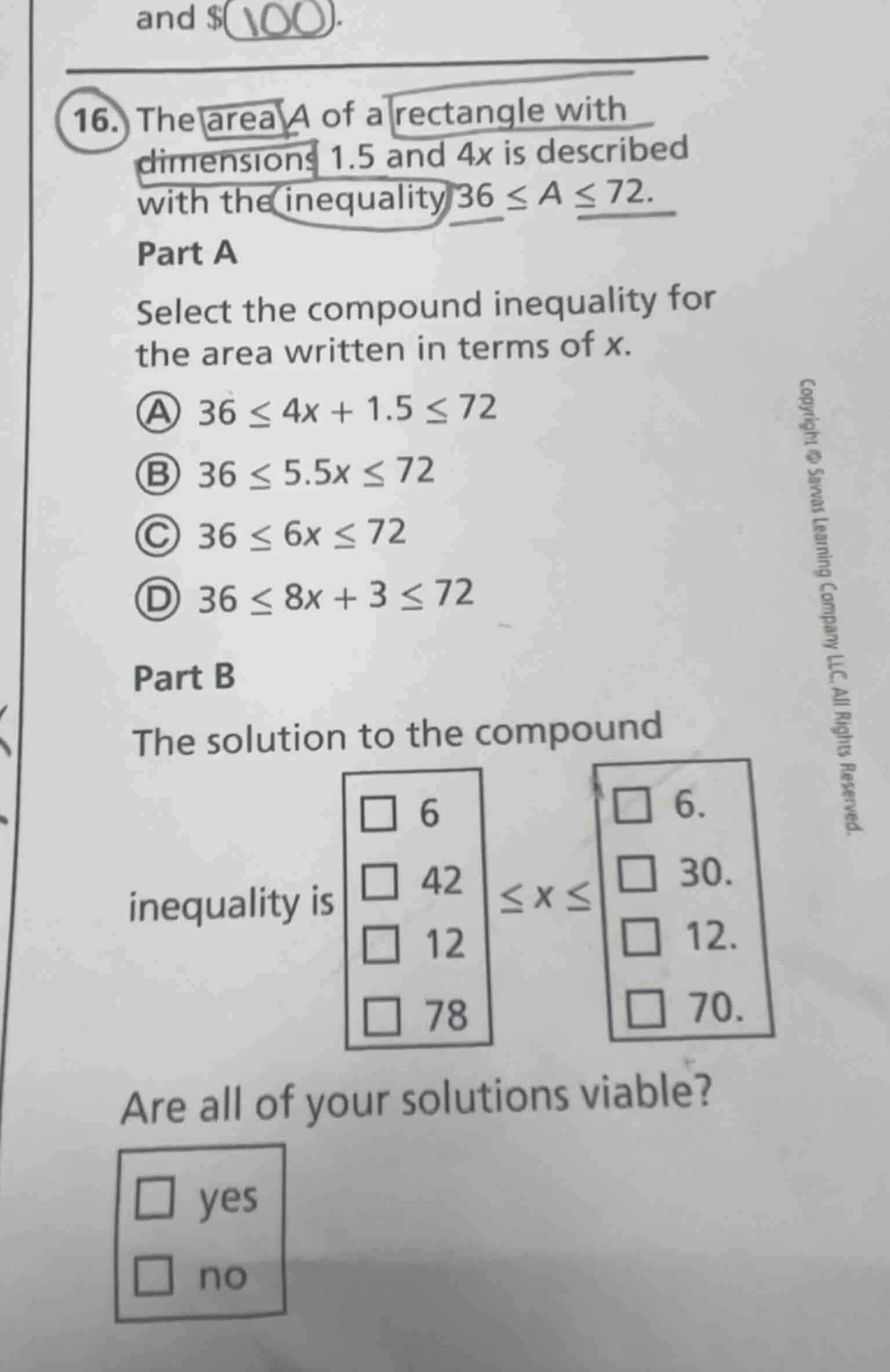 16. the area a of a rectangle with dimensions 1.5 and 4x is described w…