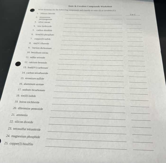 ionic & covalent compounds worksheet write formulas for the following c…
