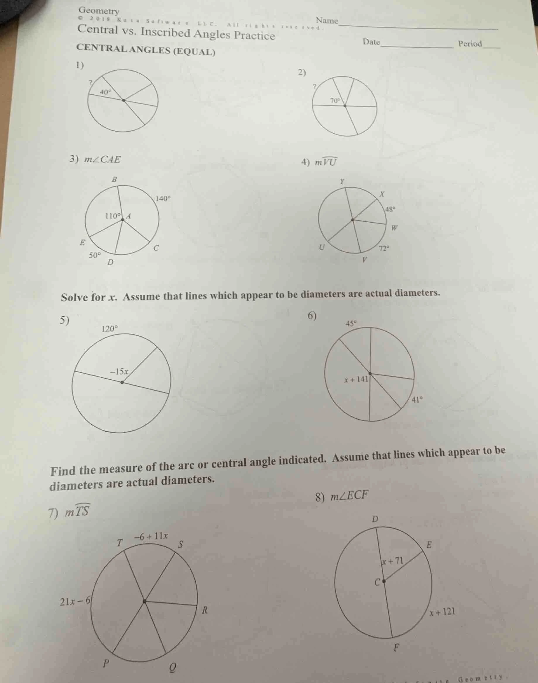 geometry central vs. inscribed angles practice central angles (equal) 1…