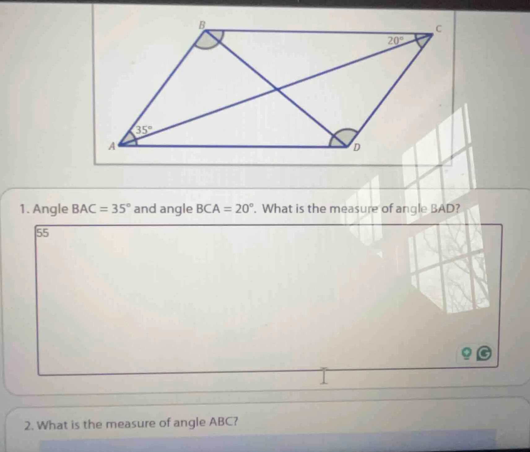1. angle bac = 35° and angle bca = 20°. what is the measure of angle ba…