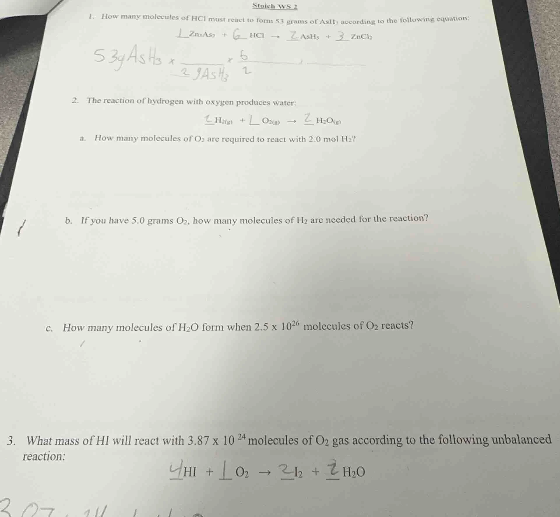 stoich ws 2 1. how many molecules of hcl must react to form 53 grams of…