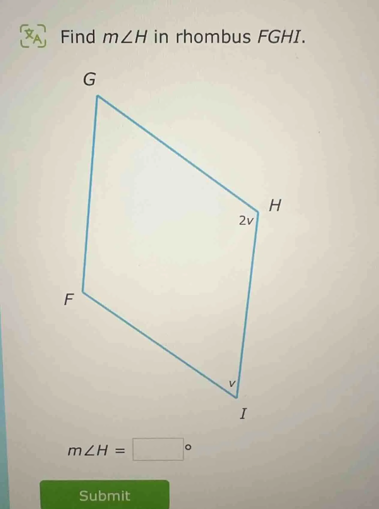 find ( mangle h ) in rhombus ( fghi ). ( mangle h = square^circ )