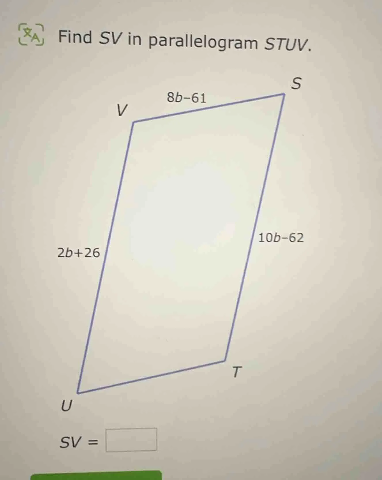 find sv in parallelogram stuv. sv =