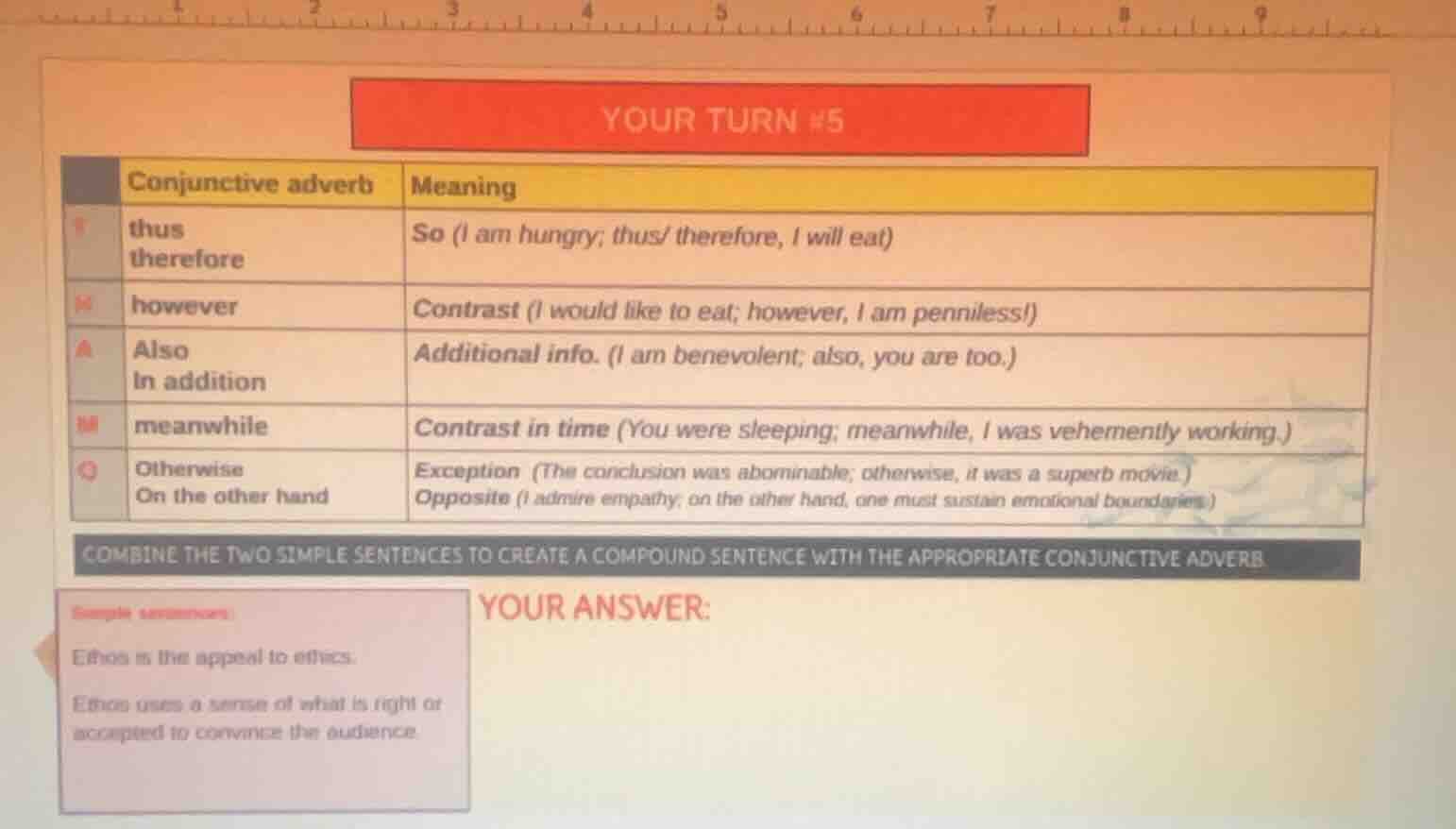 your turn #5 conjunctive adverb | meaning --- | --- thus\ therefore | s…