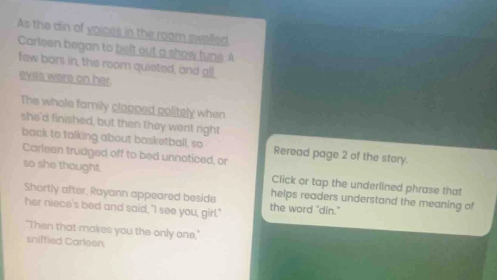 as the din of voices in the room swelled, carleen began to belt out a s…