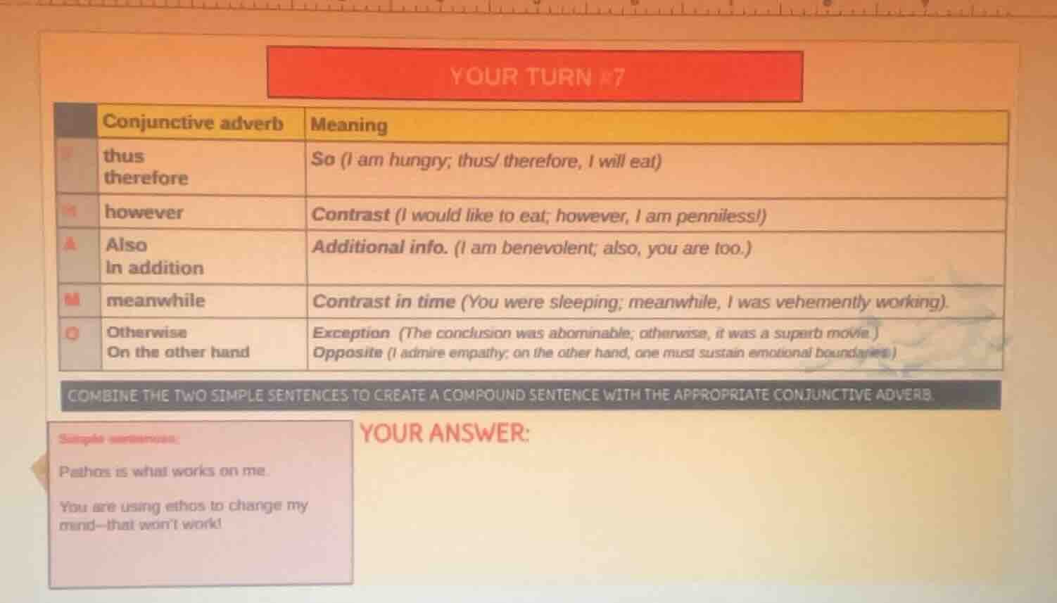 your turn #7 conjunctive adverb | meaning thus therefore | so (i am hun…