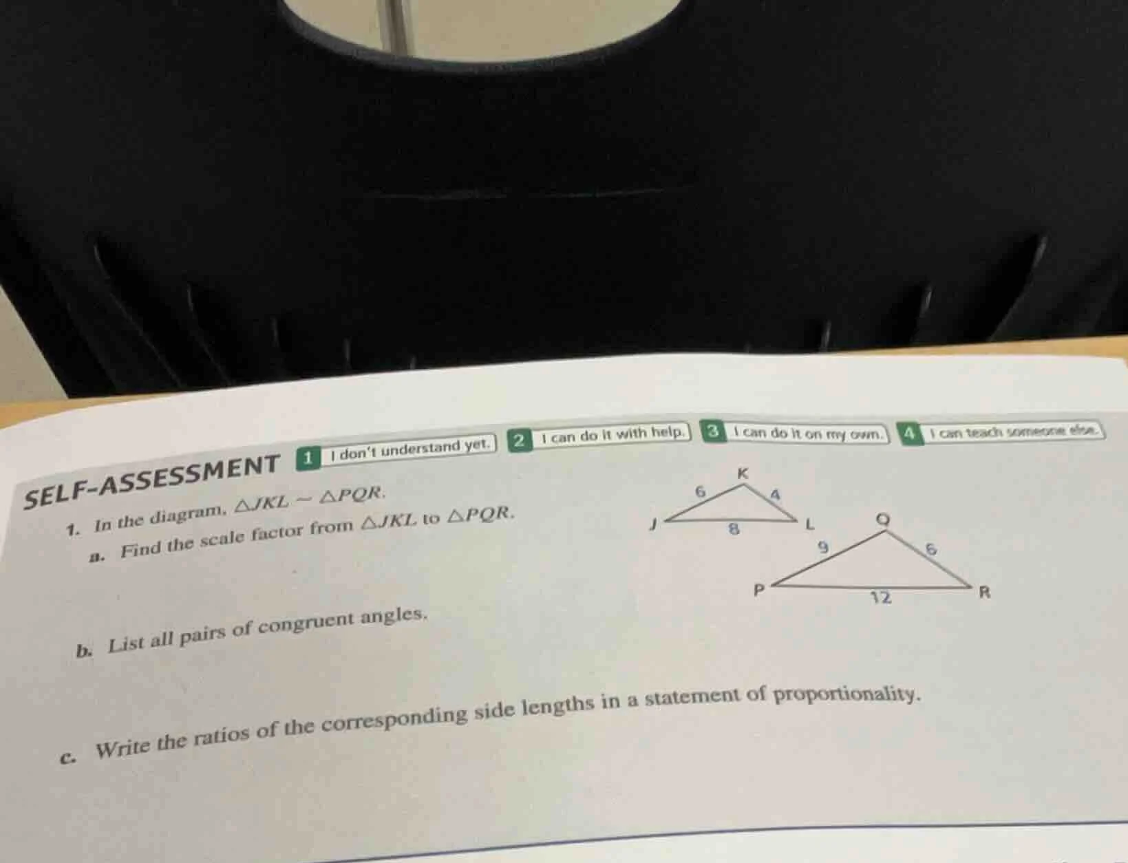 self - assessment 1. in the diagram, $\\triangle jkl \\sim \\triangle p…