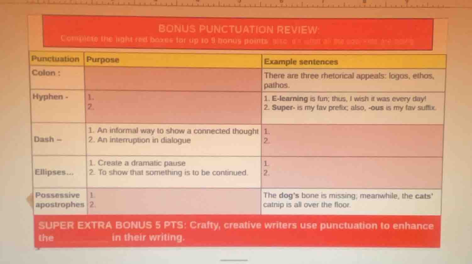 bonus punctuation review: complete the light red boxes for up to 9 bonu…
