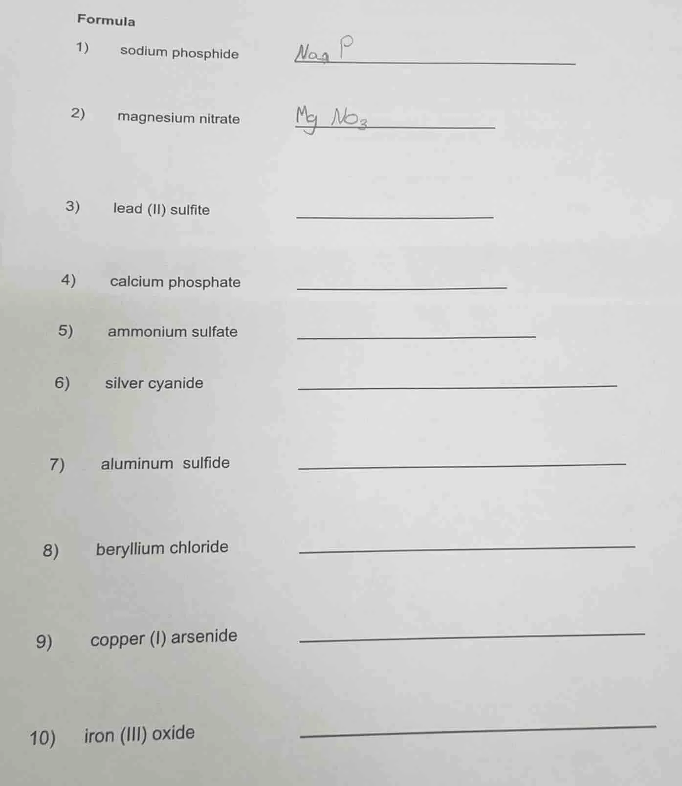 formula 1) sodium phosphide 2) magnesium nitrate 3) lead (ii) sulfite 4…