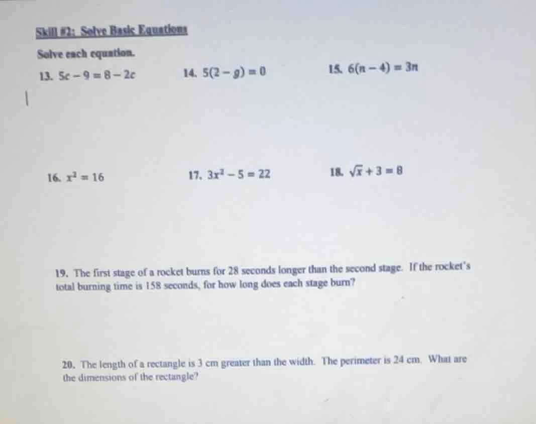 skill #2: solve basic equations solve each equation. 13. $5c - 9 = 8 - …