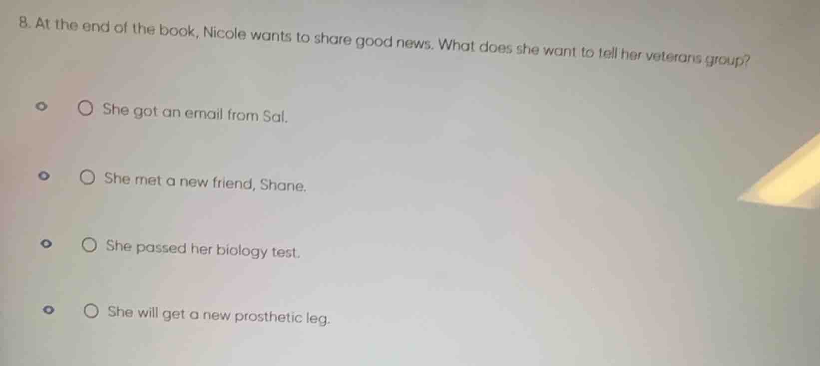 8. at the end of the book, nicole wants to share good news. what does s…