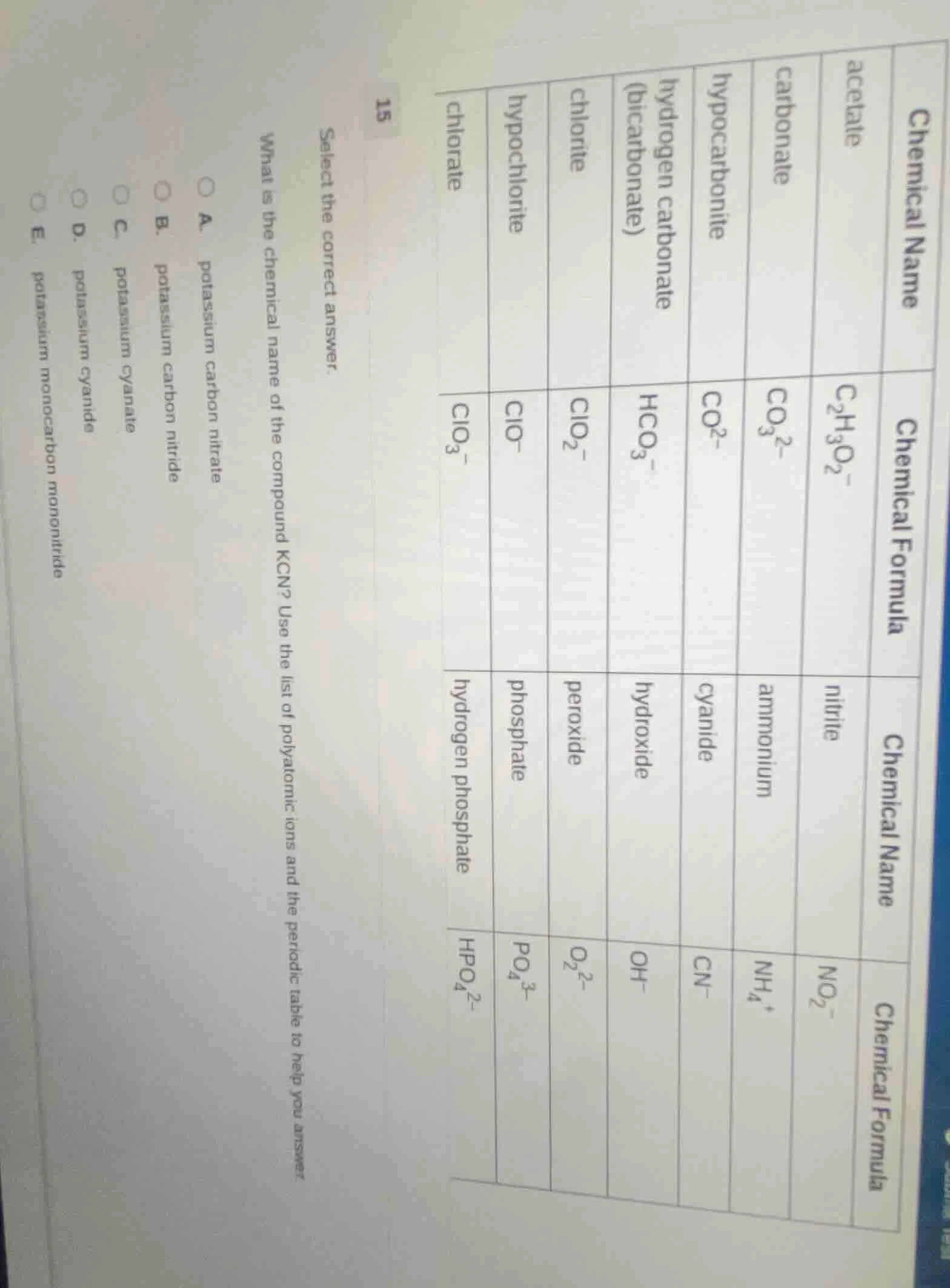 15 select the correct answer. what is the chemical name of the compound…