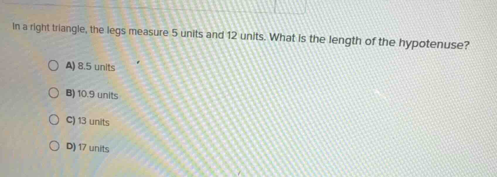 in a right triangle, the legs measure 5 units and 12 units. what is the…
