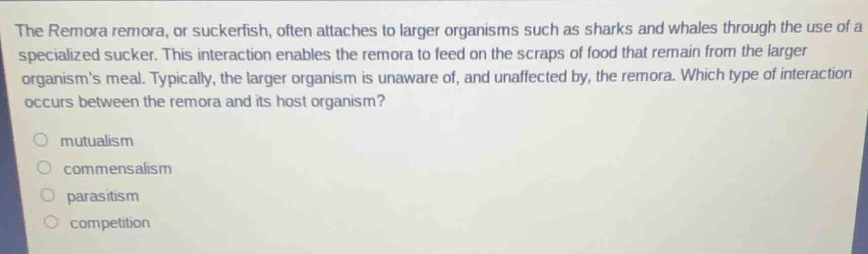 the remora remora, or suckerfish, often attaches to larger organisms su…