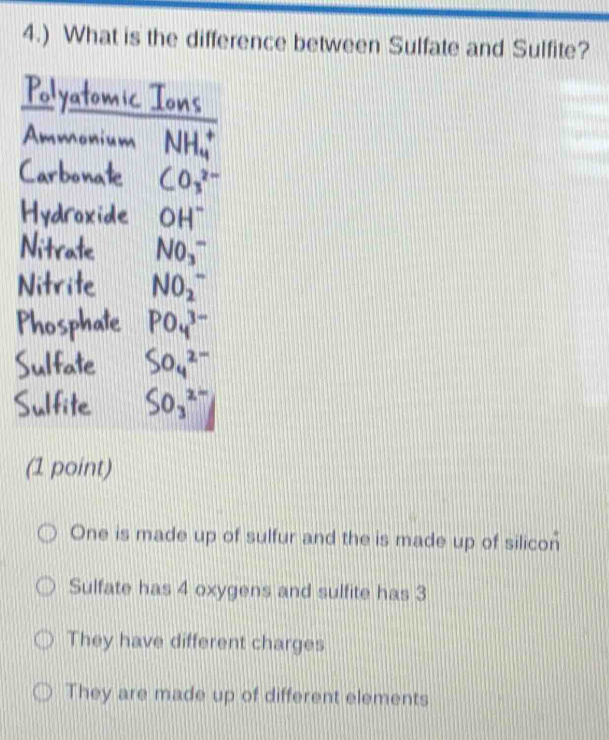 4.) what is the difference between sulfate and sulfite? (1 point) \\big…