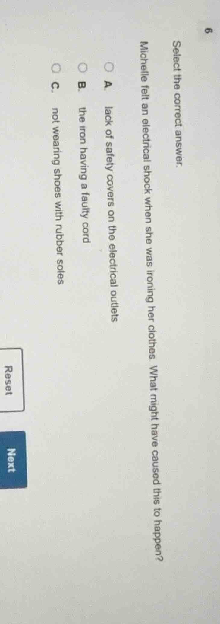 select the correct answer. michelle felt an electrical shock when she w…