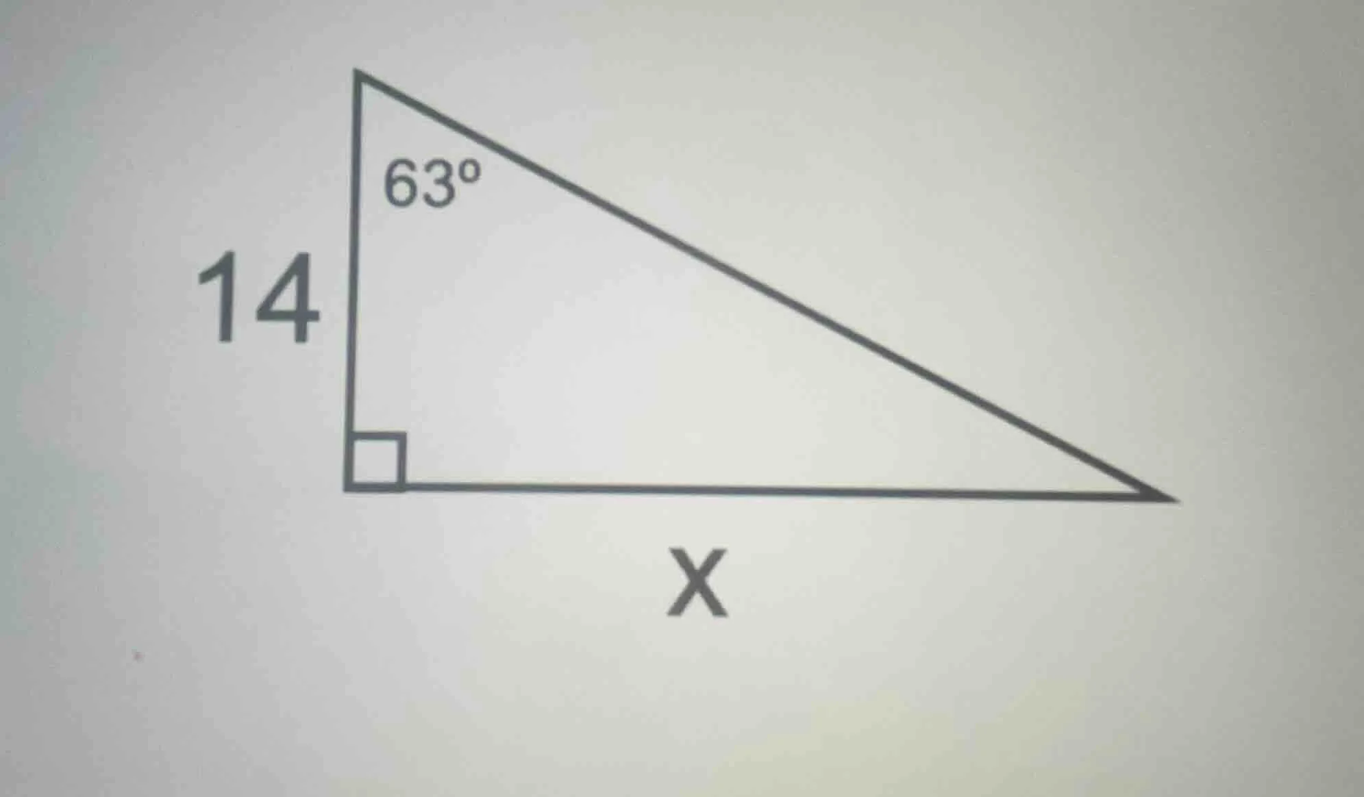 in the right triangle, one leg is 14, one acute angle is 63°, and the o…