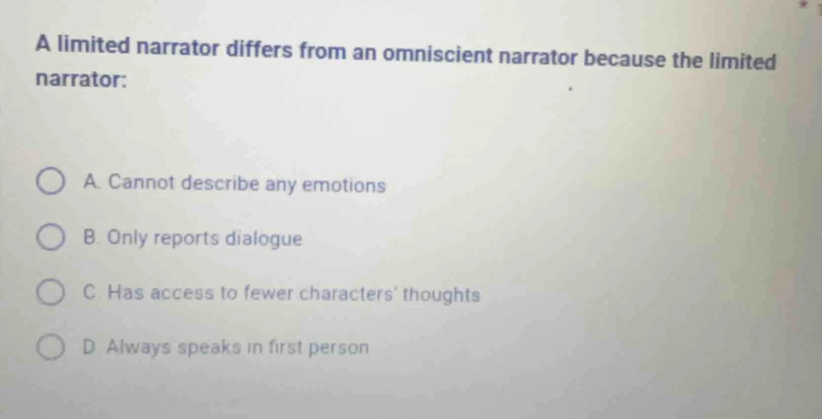 a limited narrator differs from an omniscient narrator because the limi…