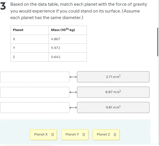 3 based on the data table, match each planet with the force of gravity …