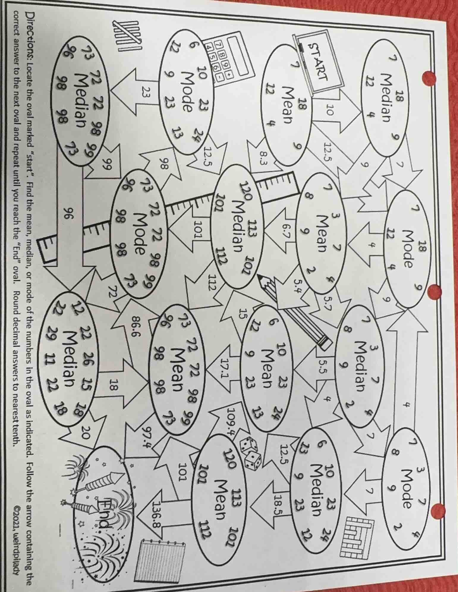directions: locate the oval marked \start\. find the mean, median, or m…
