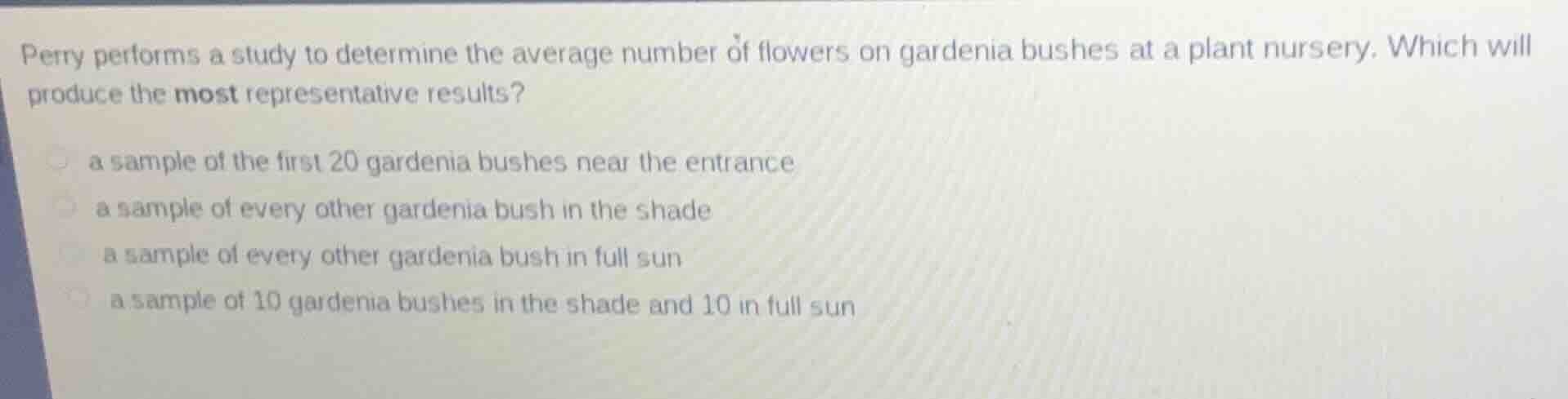 perry performs a study to determine the average number of flowers on ga…