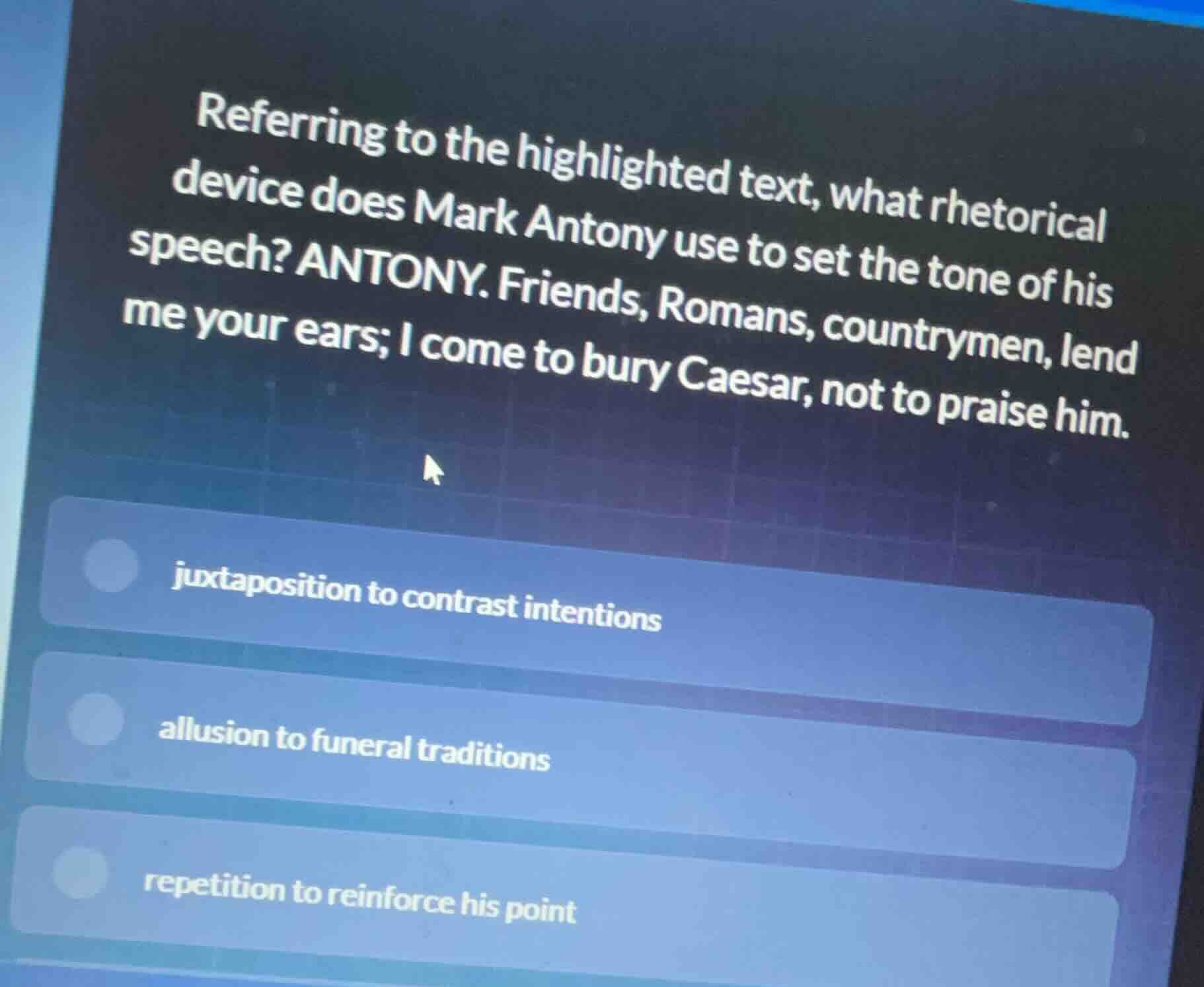 referring to the highlighted text, what rhetorical device does mark ant…