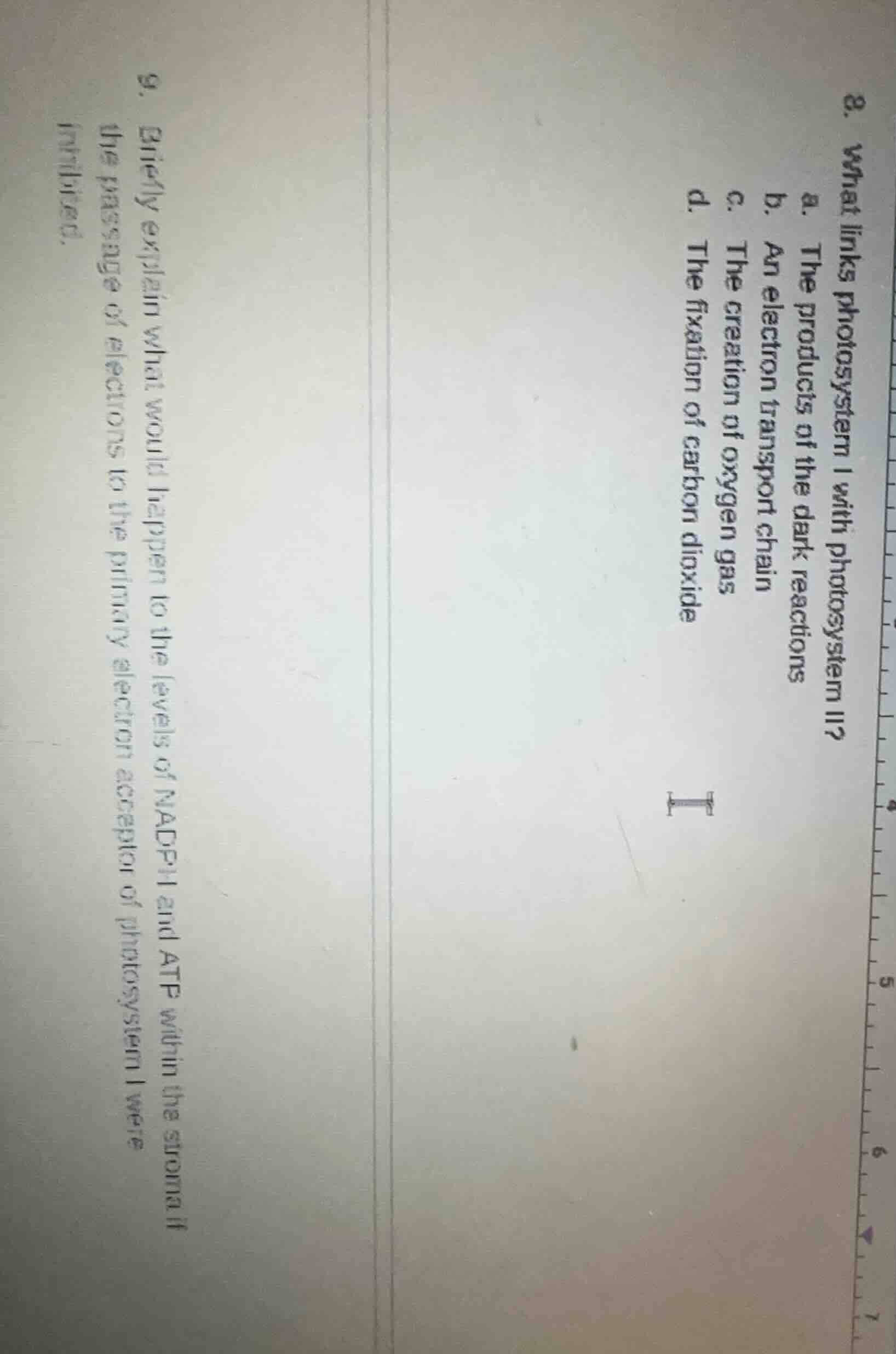 8. what links photosystem i with photosystem ii? a. the products of the…