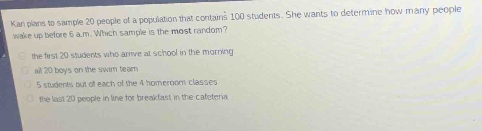 kari plans to sample 20 people of a population that contains 100 studen…