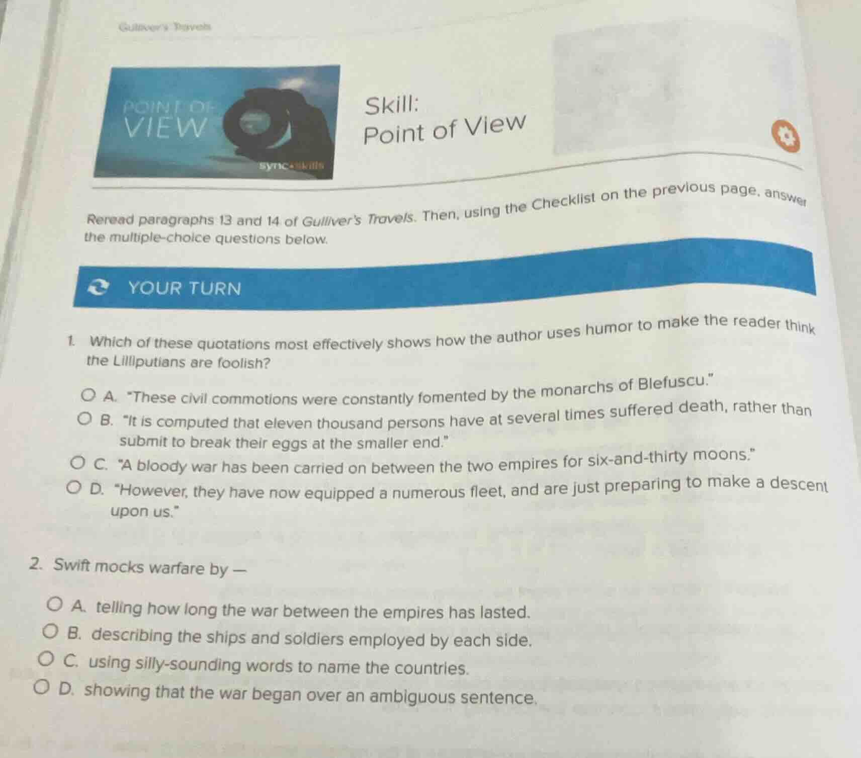 gullivers travels skill: point of view reread paragraphs 13 and 14 of g…