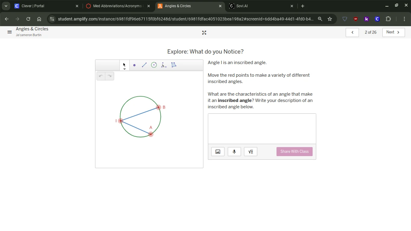 explore: what do you notice? angle i is an inscribed angle. move the re…