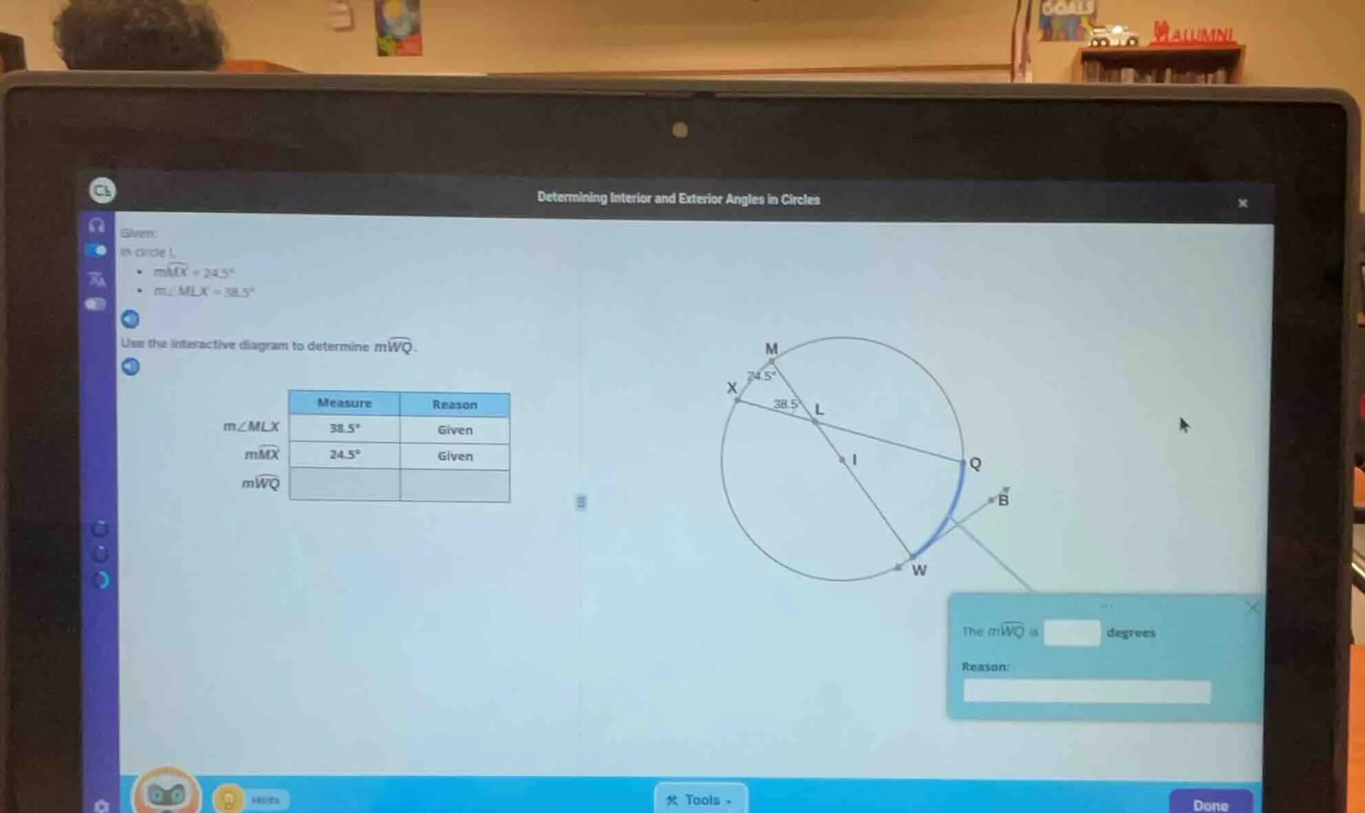determining interior and exterior angles in circles given: in circle i,…