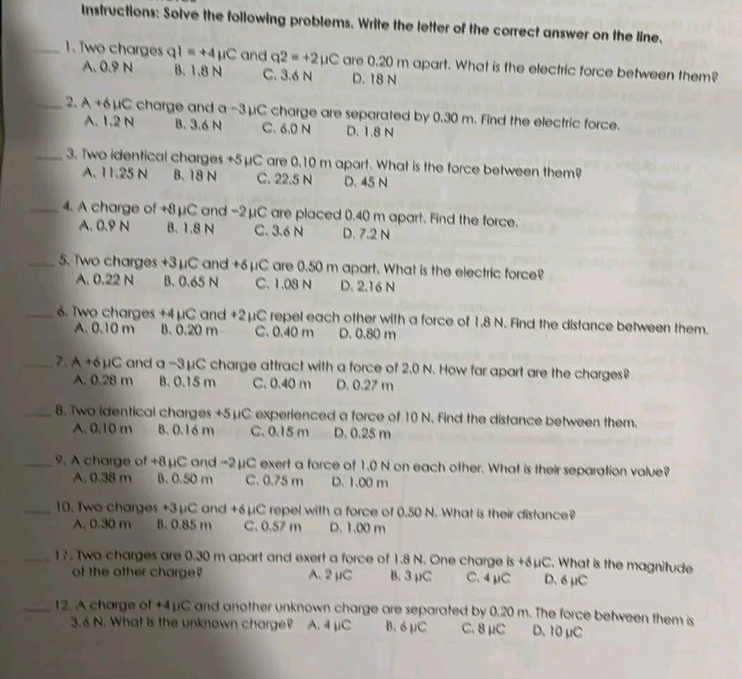 instructions: solve the following problems. write the letter of the cor…