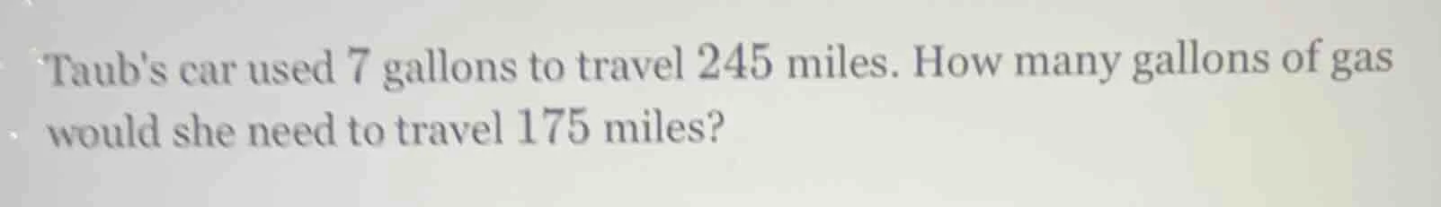 taubs car used 7 gallons to travel 245 miles. how many gallons of gas w…