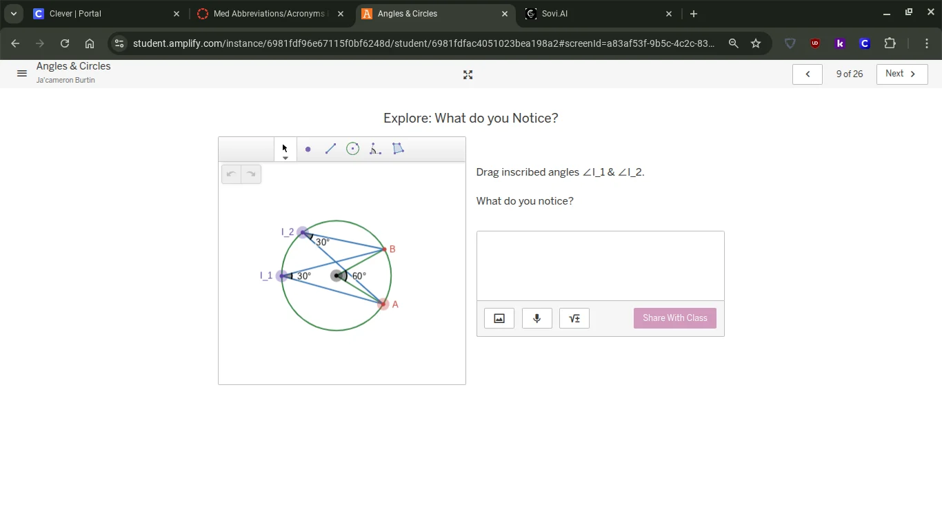 explore: what do you notice? drag inscribed angles $\\angle$l1 & $\\ang…