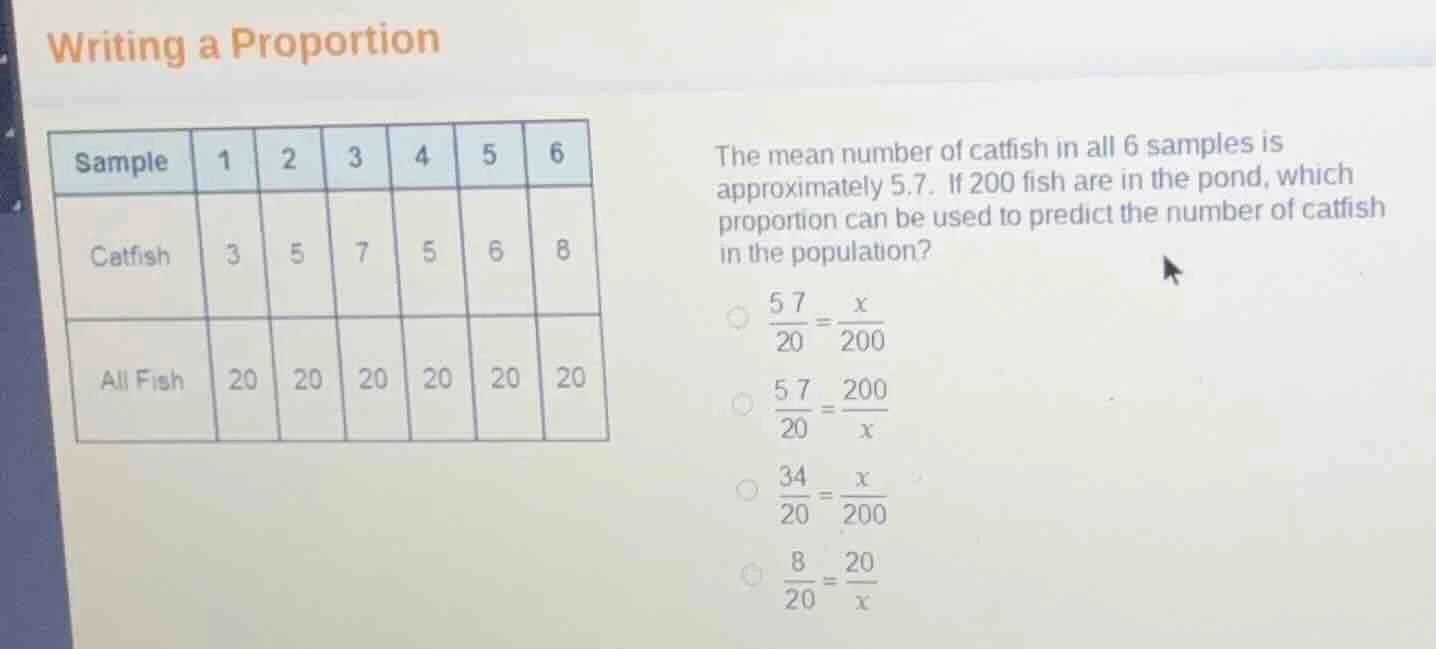 writing a proportion sample 1 2 3 4 5 6 catfish 3 5 7 5 6 8 all fish 20…