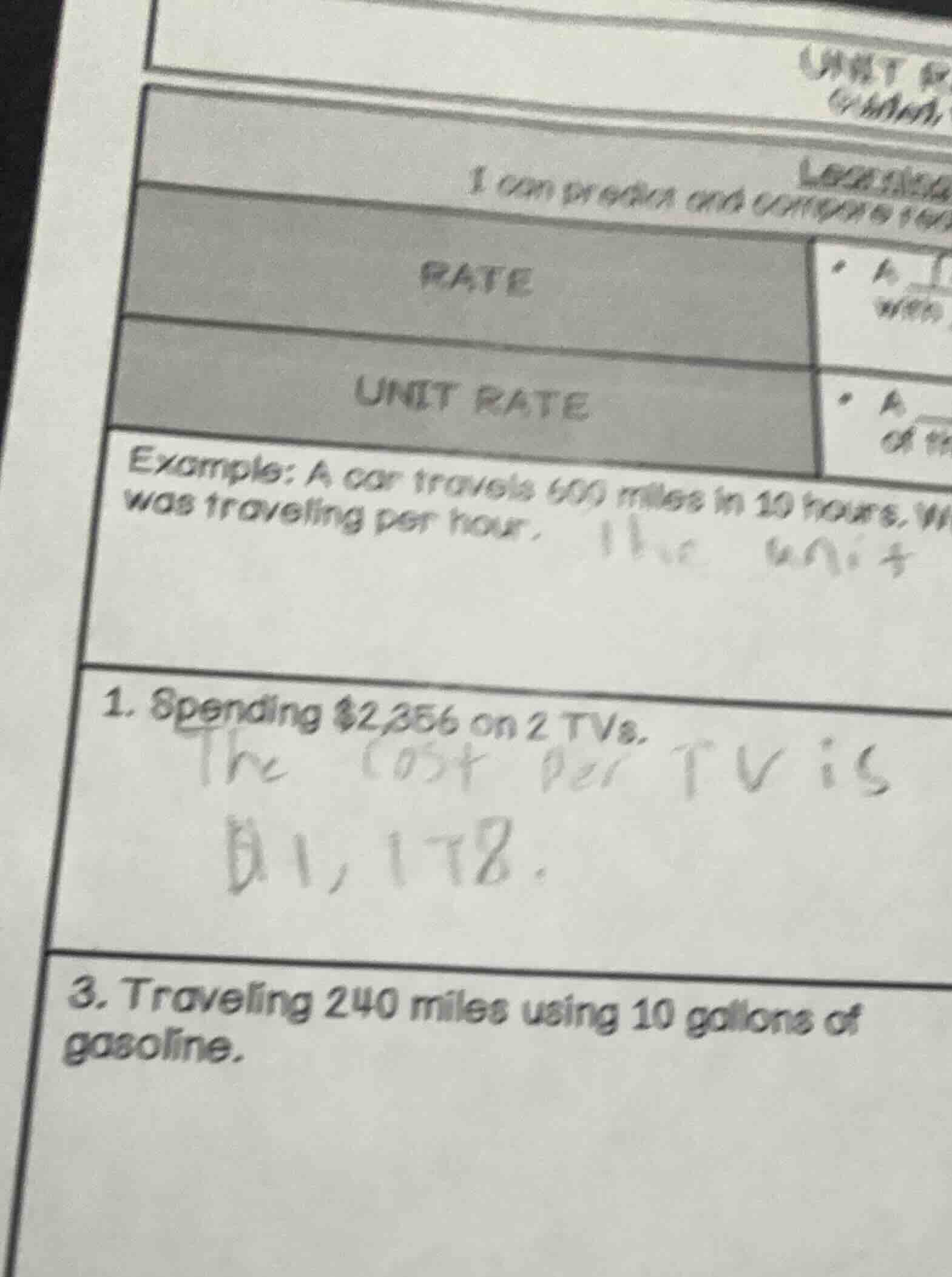 rate unit rate example: a car travels 600 miles in 10 hours. w was trav…