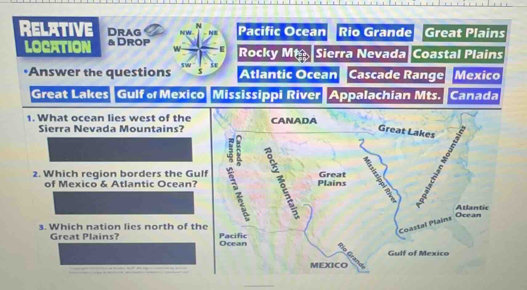 relative location drag & drop answer the questions 1. what ocean lies w…