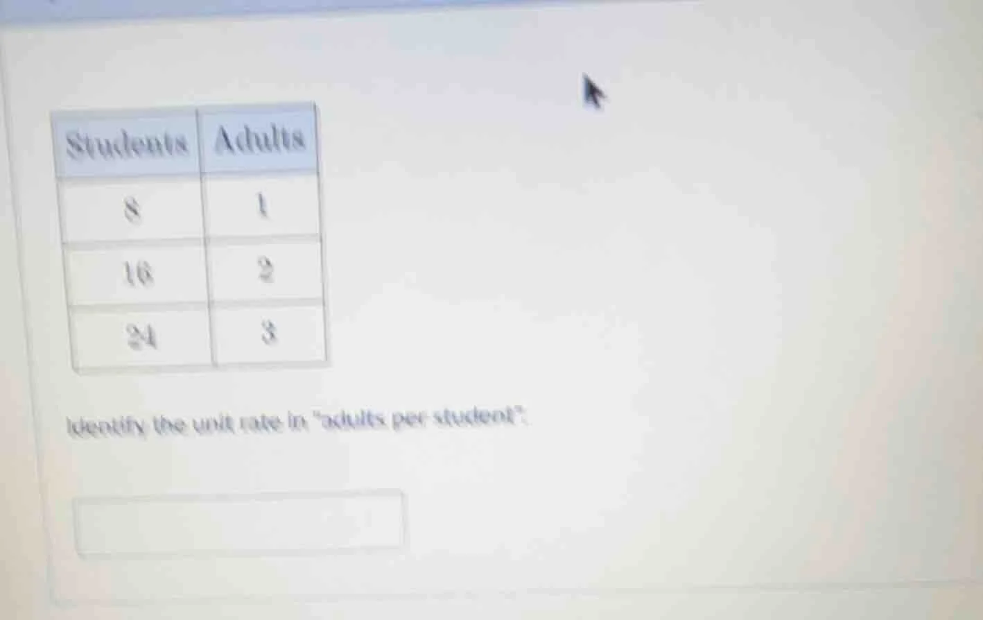 students adults 8 1 16 2 24 3 identify the unit rate in \adults per stu…