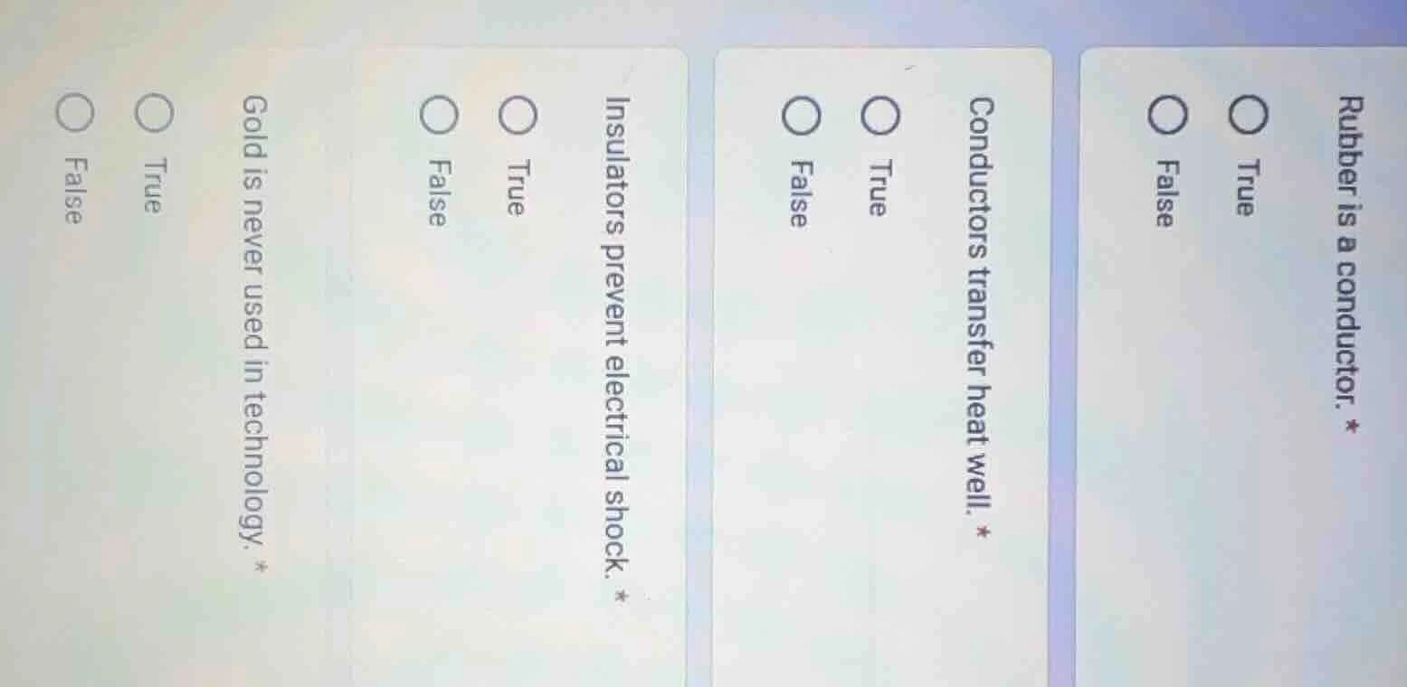 rubber is a conductor. * true false conductors transfer heat well. * tr…